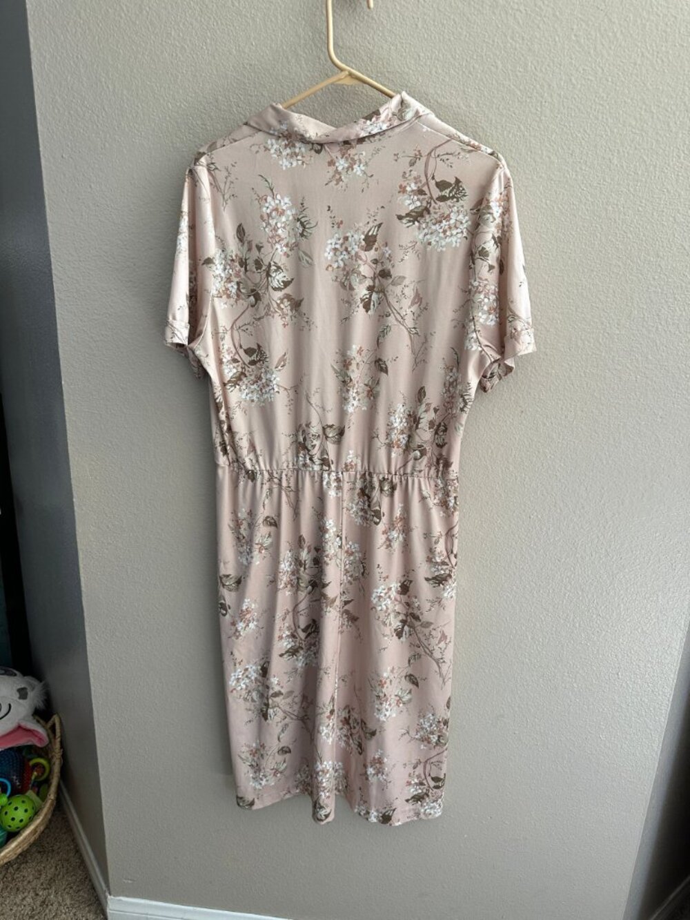 Haband Womens Floral Midi Dress With Collar Short Sleeve Beige Pink Floral Print - Picture 9 of 11